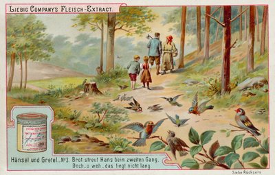 Hansel és Gretel: A madarak megeszik a Hansel által hagyott zsemlemorzsa nyomát, hogy hazataláljanak (chromolitho) alkotó: European School