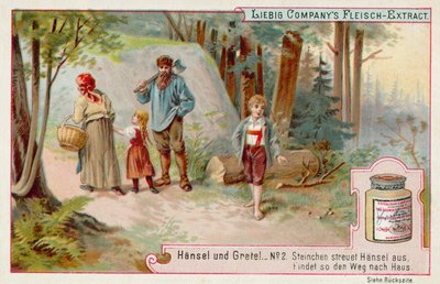 Hansel és Gretel: Hansel egy kavicsnyomot hagyva hazatalál (chromolitho) alkotó: European School