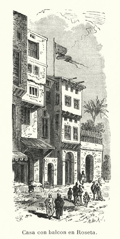 Erkélyes ház Rosettában, Egyiptomban (litho) alkotó: European School