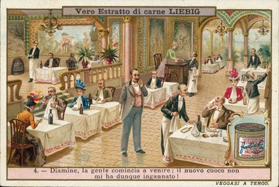 Egy étterem szerencséjének javulása egy új séf alkalmazása után (chromolitho) alkotó: European School