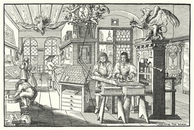 Könyvnyomtató műhely belseje, c1676 (metszet) alkotó: European School