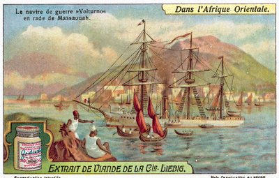 Volturno olasz hadihajó Massawa kikötőjében, Eritreában (chromolitho) alkotó: European School