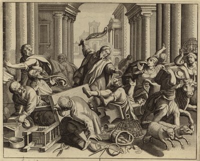 Jézus Krisztus kiűzte a pénzváltókat a templomból (metszet) alkotó: European School