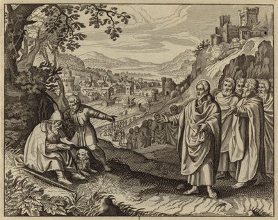 Jézus Krisztus visszaadja egy vak koldus látását (metszet) alkotó: European School