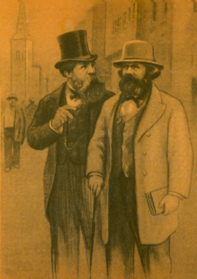 Karl Marx és Friedrich Engels, német kommunista filozófusok és közgazdászok (színes litográfia) alkotó: European School