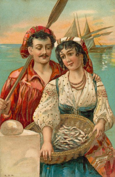 Mediterrán halász és nő (színes litográfia) alkotó: European School