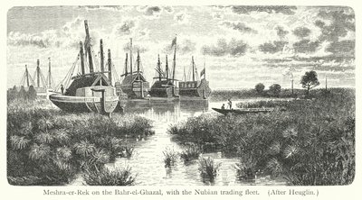 Meshra-er-Rek a Bahr-el-Ghazalon, a núbiai kereskedelmi flottával (metszet) alkotó: European School