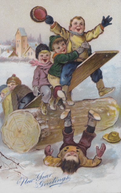 Újévi üdvözlőkártya hóban játszó gyerekeket ábrázol (chromolitho) alkotó: European School