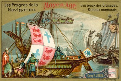 A középkori normann és keresztes hajók (chromolitho) alkotó: European School
