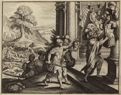 A filiszteusok Saul fejét Dagon istenük templomába teszik (metszet) alkotó: European School