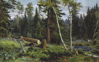 Erdei jelenet kivágott fákkal (színes litográfia) alkotó: European School