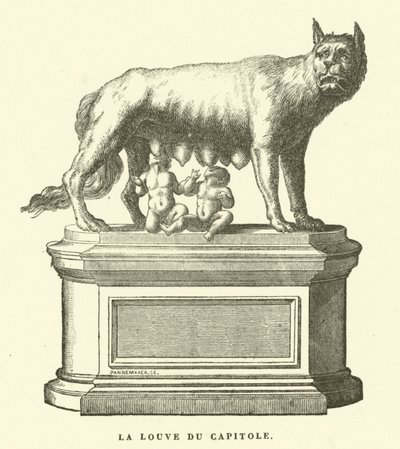 A Capitolium farkasa, bronz szobor, amely a szopós farkast ábrázolja, Romulust és Remust, Róma ikeralapítóit (metszet) alkotó: European School