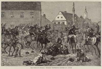 Zavargások Horvátországban, a huszárok szétoszlatják a zavargókat Agramnál (metszet) alkotó: European School