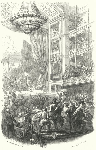 A belga forradalom kezdete: Daniel Auber La Muette de Porcini című operájának előadása a brüsszeli Theater de la Monnaie-ban, 1830. augusztus 25. (metszet) alkotó: European School