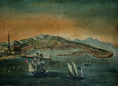 Kikötő kilátása világítótoronnyal a hegyfokon, 1800 körül alkotó: European School
