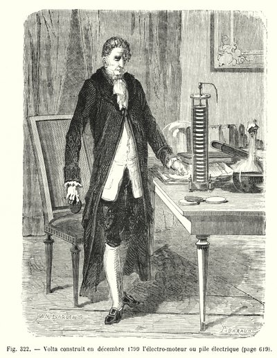 A Volta 1799 decemberében megépíti az elektromotort vagy elektromos cölöpöt (metszet) alkotó: European School