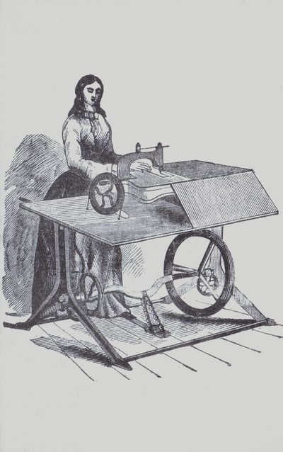 Varrógépet használó nő (litho) alkotó: European School