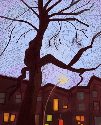 Brooklyn Brownstone Street At Dusk, 2016 (kézzel rajzolt egy iPad-en egy Apple ceruzával) alkotó: Evan Sklar