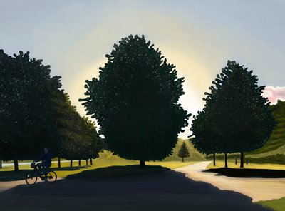 Kerékpáros, Hajnal, Hyde Park (digitális művészet) alkotó: Evan Sklar