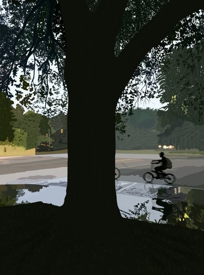 Kerékpáros és pocsolya a Brooklyn Street-en (digitális művészet) alkotó: Evan Sklar