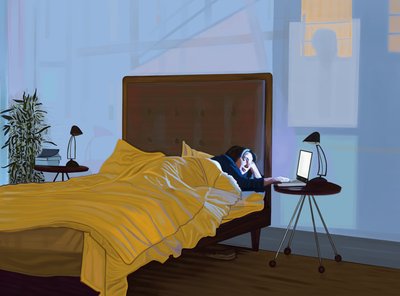 Michelle Laptop az ágyban és a Manhattan híd árnyékában (digitális művészet) alkotó: Evan Sklar