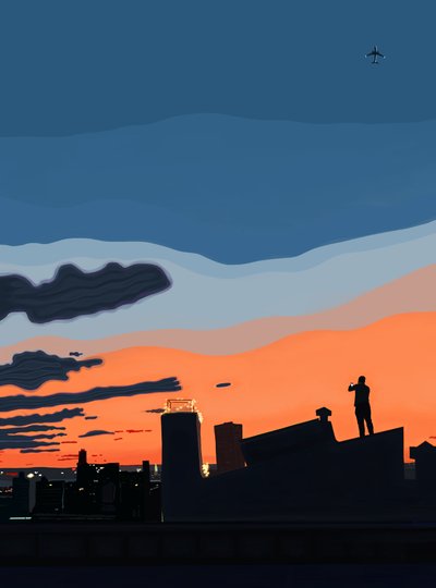 Kilátás a New York-i kikötőre a tetőről, nyár végén (digitális művészet) alkotó: Evan Sklar
