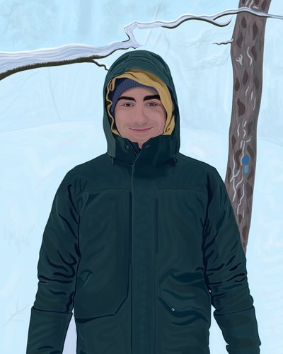 Fiatal férfi zöld kabátban a hóban (digitális művészet) alkotó: Evan Sklar