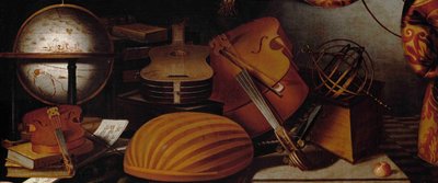 Csendélet hangszerekkel, Földgömb és Armilláris gömbrészlet, 17. század. alkotó: Evaristo Baschenis