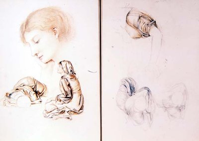 Hat tanulmány női modellekről, két oldal a művész egyik vázlatfüzetéből (ceruza, kréta papíron) alkotó: Evelyn De Morgan