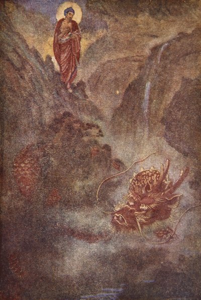 Buddha és a sárkány, illusztrációja F. Hadland Davis „Japán mítoszai és legendái” című művéből alkotó: Evelyn Paul