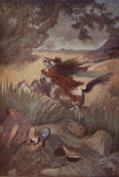 A Kappa és áldozata, illusztráció F. Hadland Davis „Japán mítoszai és legendái” című művéből alkotó: Evelyn Paul