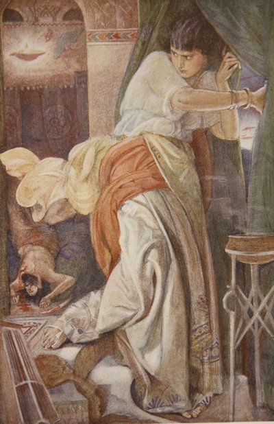 Setapo meggyilkolása, illusztráció a Babilónia és Asszíria mítoszai és legendái című művéből, Lewis Spence alkotó: Evelyn Paul