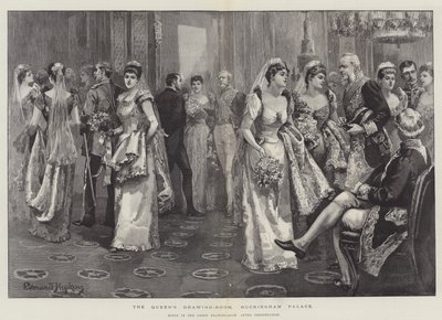 A királynő szalonja, Buckingham-palota, Jelenet a zöld szalonban bemutató után alkotó: Everard Hopkins