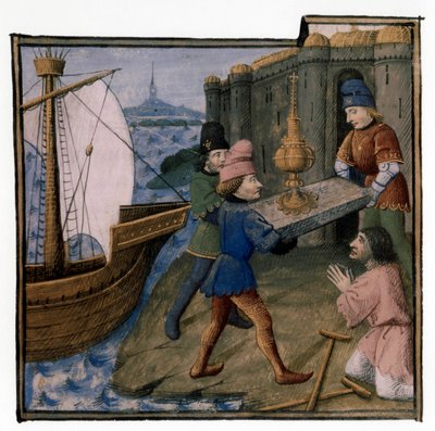 Artúr legenda: Galaad, Perceval és Bohort a Szent Grált elhozza Palesztinában: a Graal meggyógyítja a rokkant koldust, Evrard d
