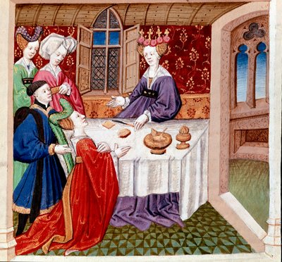Iseult (vagy Iseult) az asztalánál ülő Guenevre királynő védelmét kéri. Miniatűr Gassien de Poitiers „román du Chevalier Tristan et de la reine Yseult”-ból, Everard de Espinques (Evrard d