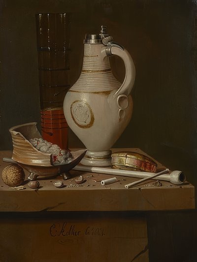 Csendélet dohányzási kellékekkel és söröskorsóval. 1664 alkotó: Evert Collier