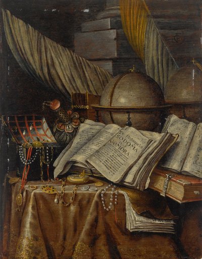Vanitas csendélet egy földgömbbel, könyvekkel és egy ékszerdobozzal, amelyek egy drapírozott asztalon pihennek. alkotó: Evert Collier