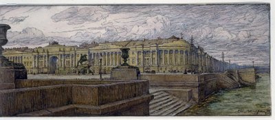 A szenátus helye Szentpéterváron. A Néva-parti épületek leírása. Jevgenyij Jevgenyevics Lanceray (Eugene Lansere) (1875-1946) munkája, litográfia alkotó: Evgeni Evgenievitch Lanceray