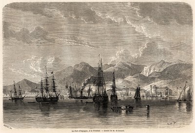 Spanyolország kikötője Trinidadban (Trinidad és Tobago), Evremond Auguste de Berard (1824-1881) rajza Anthony Trollope (1815-1882) 1858-1859-es nyugat-indiai utazásainak illusztrálására. Metszet a „” Le tour du monde, nouveau Journal des voya” nyelven alkotó: Evremond de (after) Berard