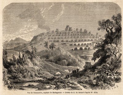 Tananarive, Madagaszkár fővárosának képe, Evremond de Berard (1824-1881) rajza Ida Pfeiffer 1857-es madagaszkári utazásának illusztrálására. Metszet a „” Le tour du monde”-ban 1861. Selva gyűjteménye. alkotó: Evremond de (after) Berard