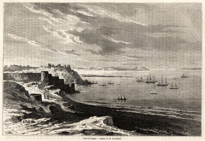 Tangier (Marokkó) képe, Evremond de Berard (1824-1881) rajza M.F.Schickler marokkói utazási feljegyzéseinek illusztrálására. Metszet a „” Le tour du monde, nouveau Journal des voyages”” Párizsban alkotó: Evremond de (after) Berard