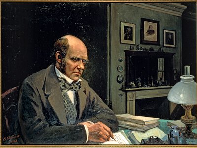 Charles Darwin, brit természettudós és evolúciókutató, dolgozószobájában (festmény vászonra) alkotó: Evstafieff Evstafieff