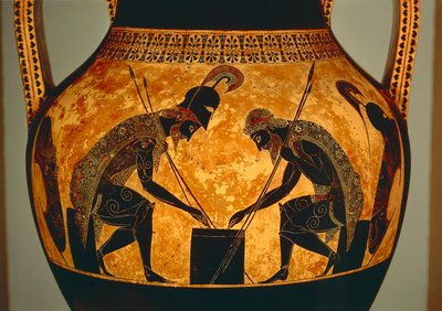 Tetőtéri fekete figurás amfora, amely Akhilleust és Ajaxot ábrázolja kockán játszó Vulciból, Kr.e. 540-530 (kerámia) (részlet) alkotó: Exekias Exekias