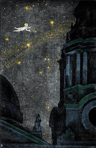 Illusztráció Sir James Matthew Barrie (JM vagy J. M. Barrie) „Peter Pan” című regényéhez alkotó: Ezio Anichini