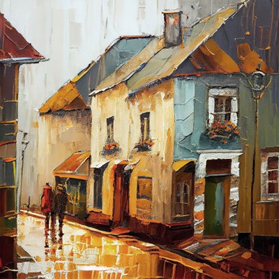 A Country Village Street, absztrakt festmény vásznon, faliképek nyomtatványok alkotó: F. Abderrahim