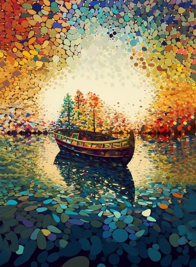 Egy csónak egy tavon kaleidoszkópos, kaleidoszkóp művészet nyomtatható, fal Art print alkotó: F. Abderrahim
