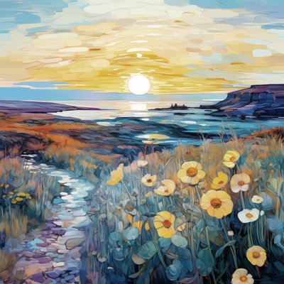 Absztrakt lila virágok a napfelkelte tájkép festmény, Wall Art nyomatok alkotó: F. Abderrahim