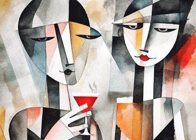 Pár iszik bort az étteremben, vászonra és falra Art print alkotó: F. Abderrahim