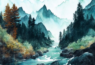 Fantasy tengerparti alpesi erdő folyókkal és dombokkal, vászon művészeti nyomatok alkotó: F. Abderrahim