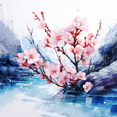 Szürreális akvarell festmény japán cseresznyevirág virágok, fal Art nyomatok alkotó: F. Abderrahim
